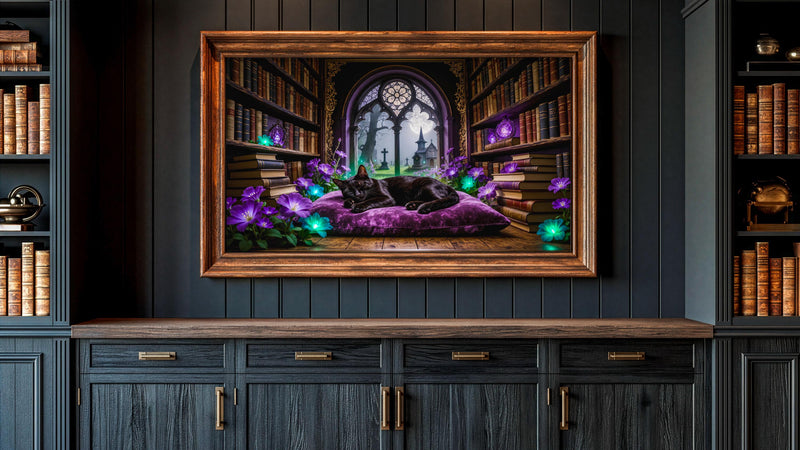 Sleeping Black Cat Library Art | Gothic Dark Academia Frame TV (Digital Download)