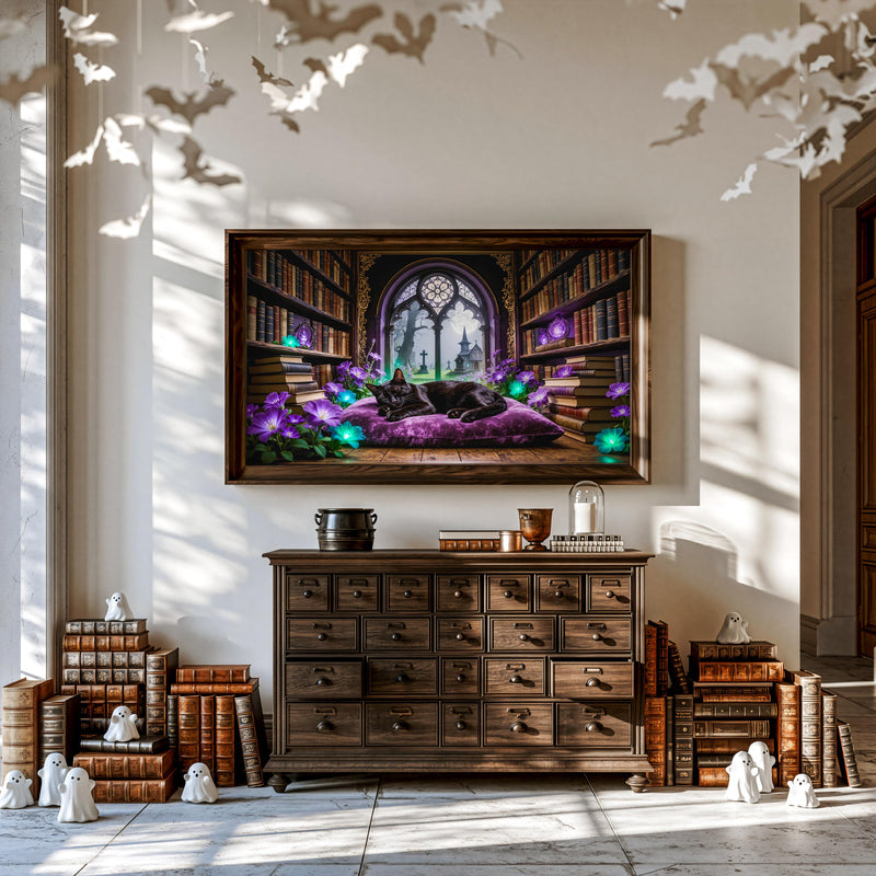 Sleeping Black Cat Library Art | Gothic Dark Academia Frame TV (Digital Download)