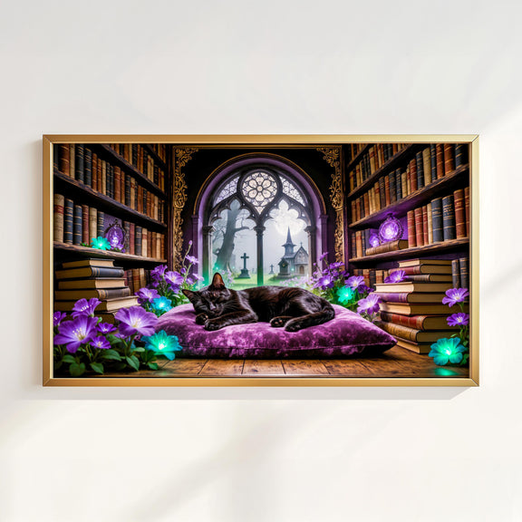 Sleeping Black Cat Library Art | Gothic Dark Academia Frame TV (Digital Download)