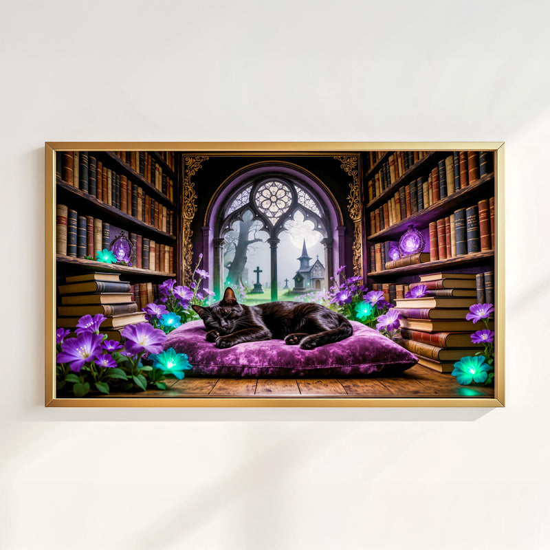 Sleeping Black Cat Library Art | Gothic Dark Academia Frame TV (Digital Download)