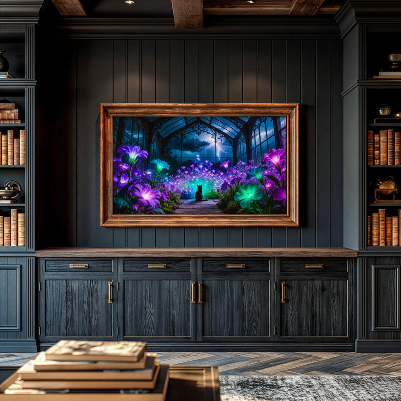 Black Cat Greenhouse Art | Moonlit Garden, Witchcore Decor (Digital Download)