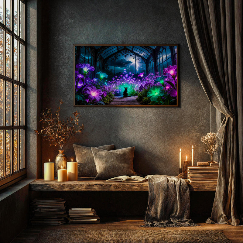 Black Cat Greenhouse Art | Moonlit Garden, Witchcore Decor (Digital Download)
