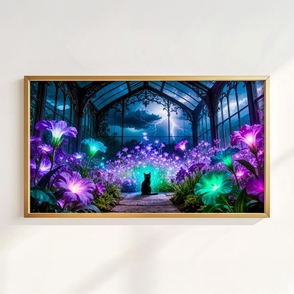 Black Cat Greenhouse Art | Moonlit Garden, Witchcore Decor (Digital Download)
