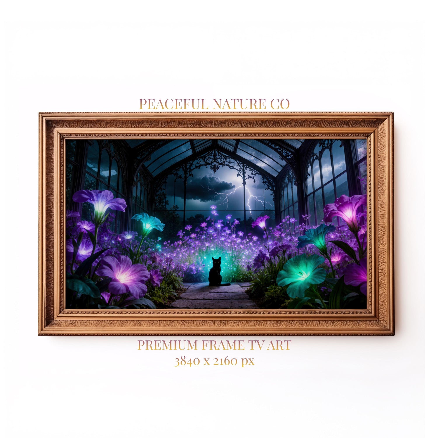 Black Cat Greenhouse Art | Moonlit Garden, Witchcore Decor (Digital Download)