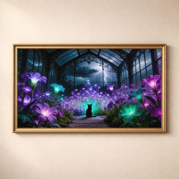 Black Cat Greenhouse Art | Moonlit Garden, Witchcore Decor (Digital Download)