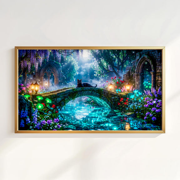 Black Cat Enchanted Bridge TV Art | Moonlit Fantasy Garden | 4K Frame TV Download