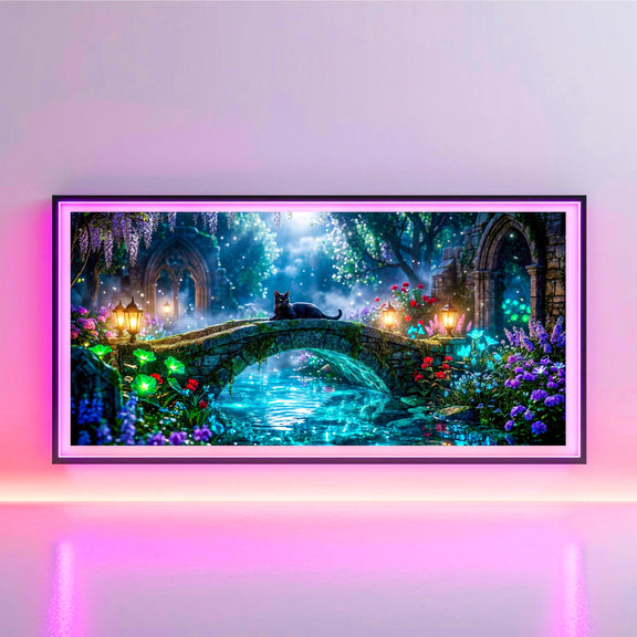 Black Cat Enchanted Bridge TV Art | Moonlit Fantasy Garden | 4K Frame TV Download