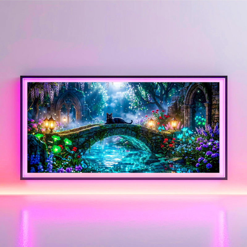 Black Cat Enchanted Bridge TV Art | Moonlit Fantasy Garden | 4K Frame TV Download
