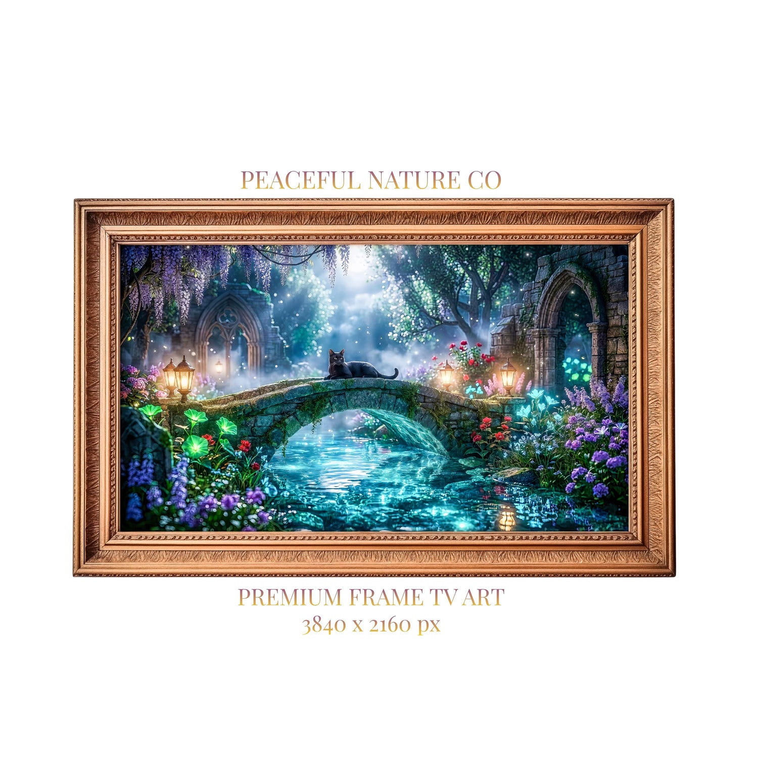 Black Cat Enchanted Bridge TV Art | Moonlit Fantasy Garden | 4K Frame TV Download