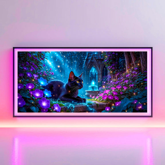 Black Cat Enchanted Garden Art | Moonlit Fantasy TV Decor (Digital Download)