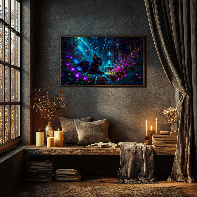 Black Cat Enchanted Garden Art | Moonlit Fantasy TV Decor (Digital Download)