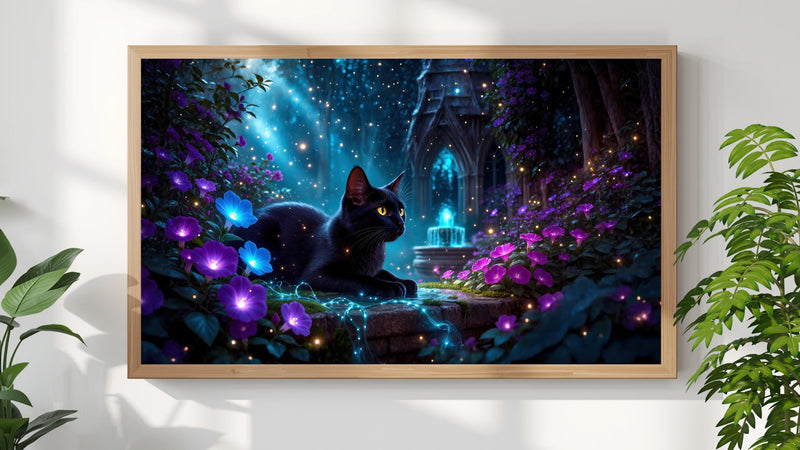Black Cat Enchanted Garden Art | Moonlit Fantasy TV Decor (Digital Download)