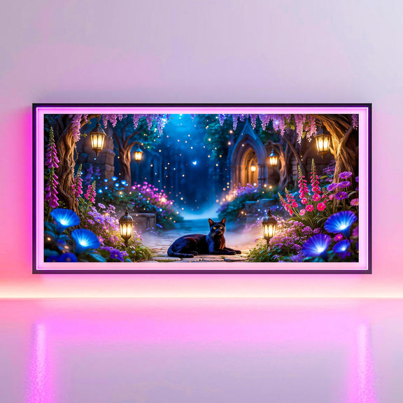 Enchanted Garden Black Cat Art | Fantasy Moonlit Sanctuary TV Display (4K Digital Download)