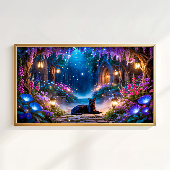 Enchanted Garden Black Cat Art | Fantasy Moonlit Sanctuary TV Display (4K Digital Download)