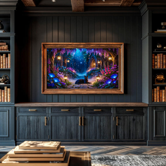 Enchanted Garden Black Cat Art | Fantasy Moonlit Sanctuary TV Display (4K Digital Download)