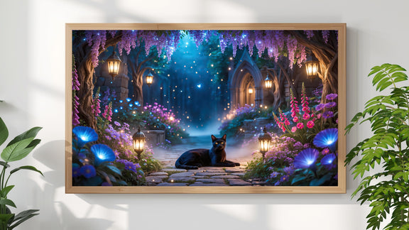 Enchanted Garden Black Cat Art | Fantasy Moonlit Sanctuary TV Display (4K Digital Download)