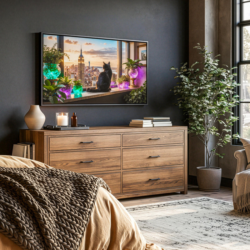 Black Cat Manhattan Skyline Art | Luxury City View Frame TV Art (4K Digital Download)