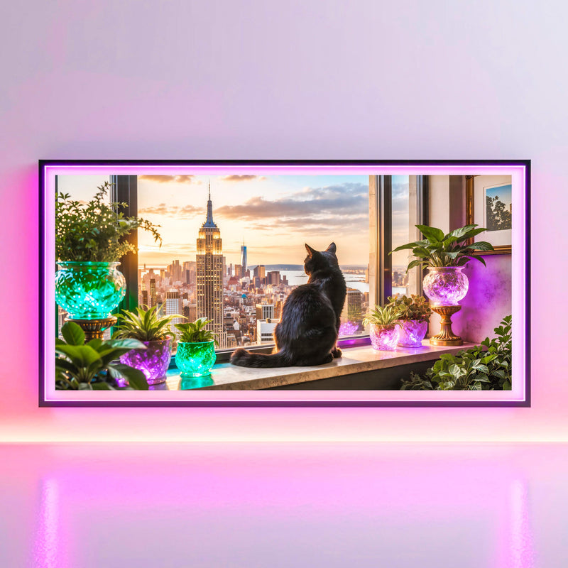 Black Cat Manhattan Skyline Art | Luxury City View Frame TV Art (4K Digital Download)