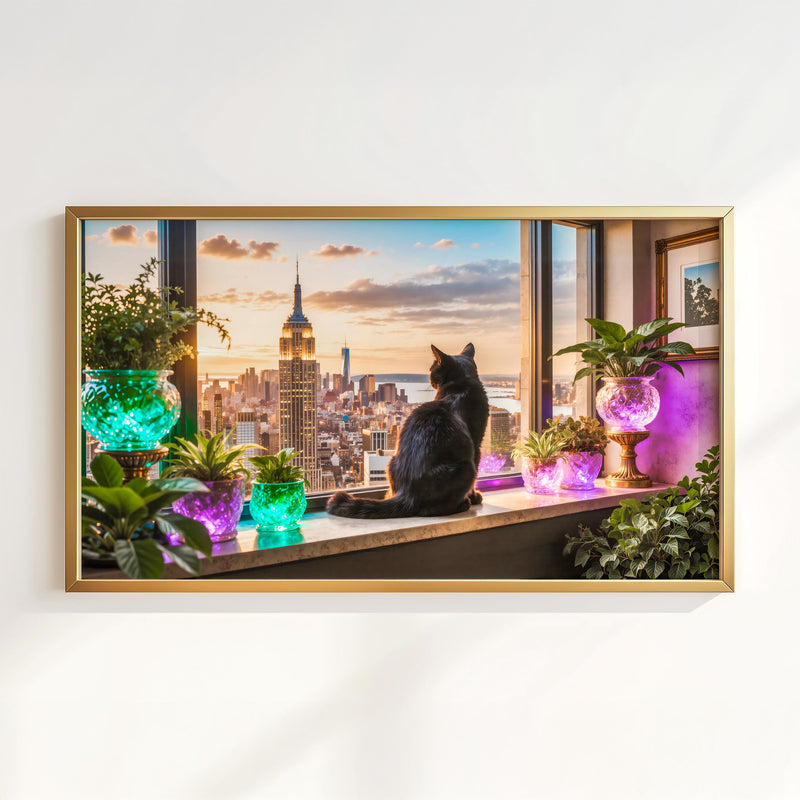 Black Cat Manhattan Skyline Art | Luxury City View Frame TV Art (4K Digital Download)