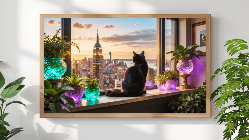 Black Cat Manhattan Skyline Art | Luxury City View Frame TV Art (4K Digital Download)