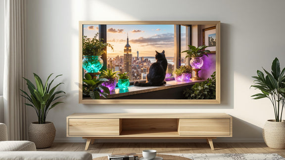 Black Cat Manhattan Skyline Art | Luxury City View Frame TV Art (4K Digital Download)