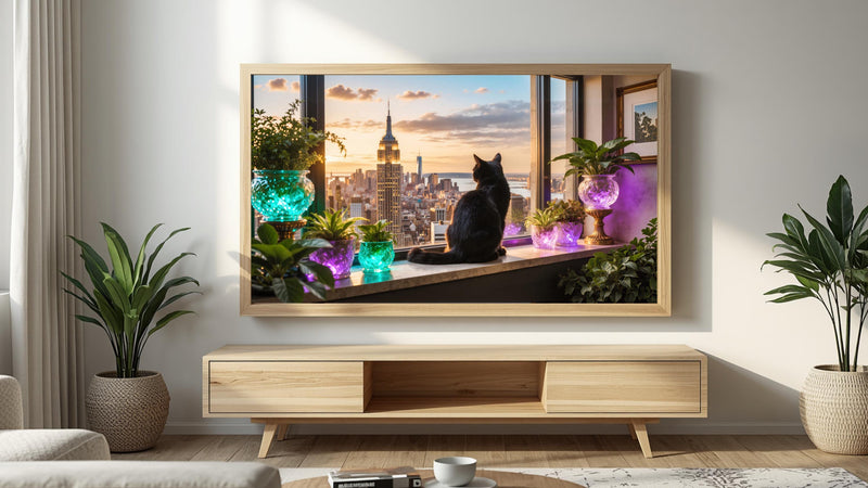 Black Cat Manhattan Skyline Art | Luxury City View Frame TV Art (4K Digital Download)