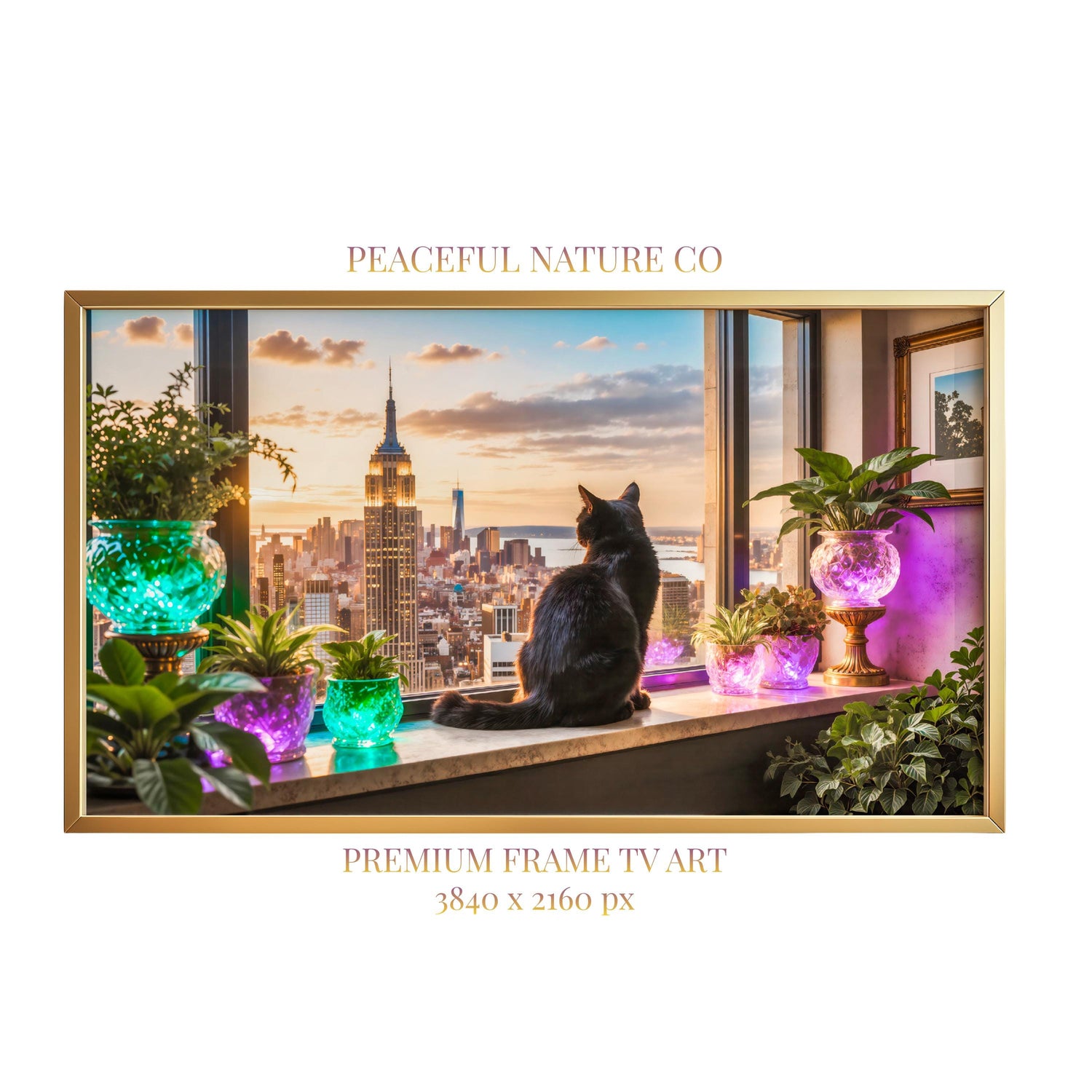 Black Cat Manhattan Skyline Art | Luxury City View Frame TV Art (4K Digital Download)