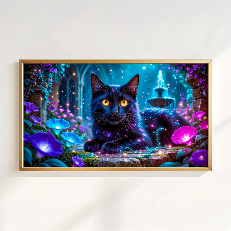 Enchanted Garden Black Cat Art | Fantasy 4K TV Display (Digital Download)