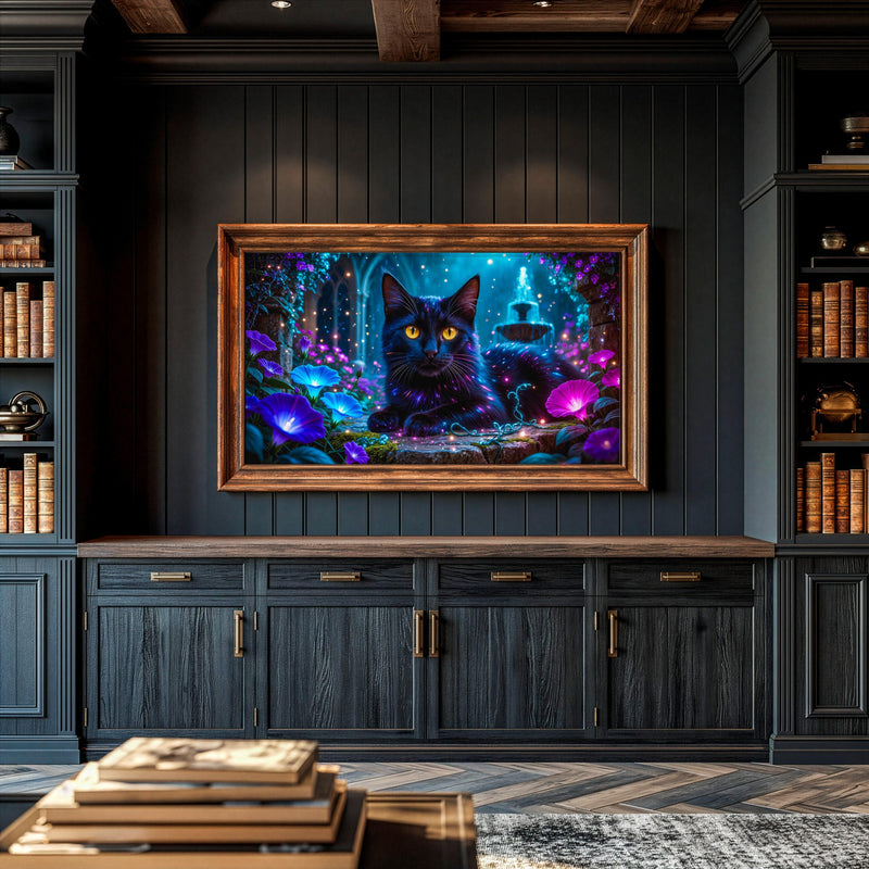 Enchanted Garden Black Cat Art | Fantasy 4K TV Display (Digital Download)