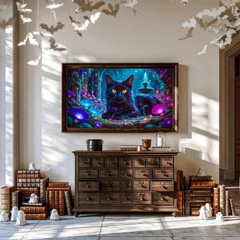 Enchanted Garden Black Cat Art | Fantasy 4K TV Display (Digital Download)