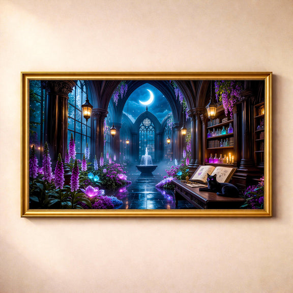 Black Cat Conservatory Art | Moonlit Gothic Library Frame TV (Digital Download)
