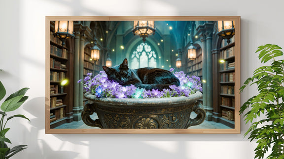 Sleeping Black Cat Library Art | Dark Academia Gothic Decor (4K Digital Download)