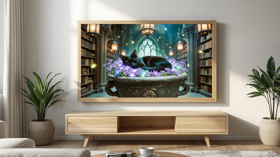 Sleeping Black Cat Library Art | Dark Academia Gothic Decor (4K Digital Download)