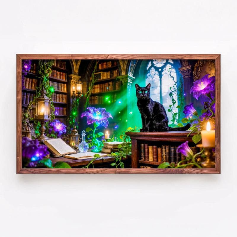 Black Cat Witch Library Art | Gothic Dark Academia Decor (Digital Download)