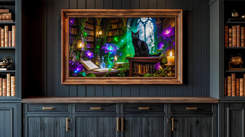 Black Cat Witch Library Art | Gothic Dark Academia Decor (Digital Download)