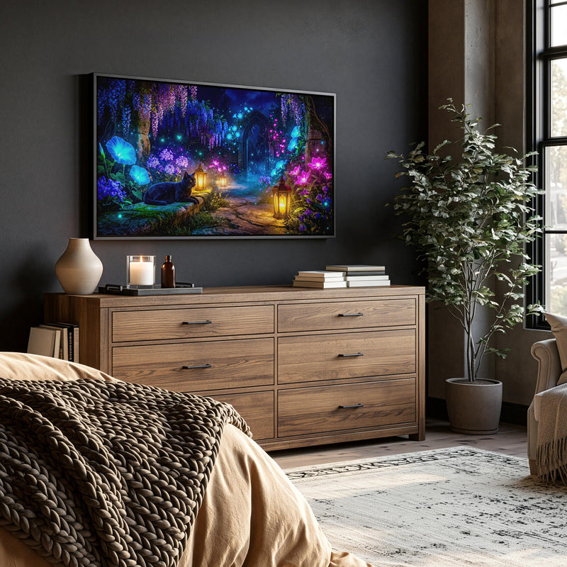 Black Cat Enchanted Garden Frame TV Art | Moonlit Fantasy Lantern Path (Digital Download)