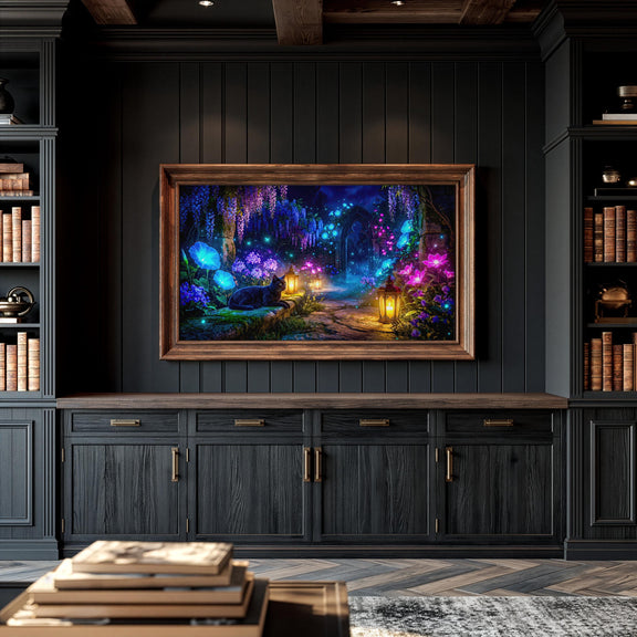 Black Cat Enchanted Garden Frame TV Art | Moonlit Fantasy Lantern Path (Digital Download)
