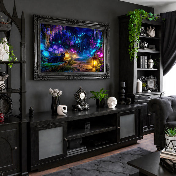 Black Cat Enchanted Garden Frame TV Art | Moonlit Fantasy Lantern Path (Digital Download)