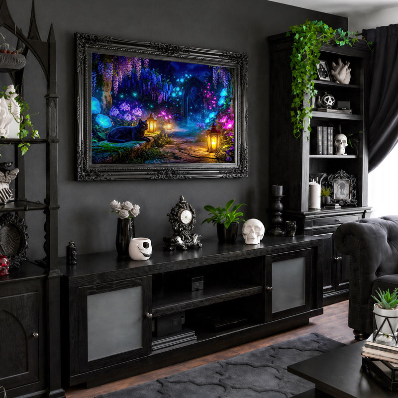 Black Cat Enchanted Garden Frame TV Art | Moonlit Fantasy Lantern Path (Digital Download)