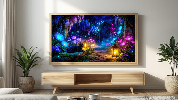 Black Cat Enchanted Garden Frame TV Art | Moonlit Fantasy Lantern Path (Digital Download)