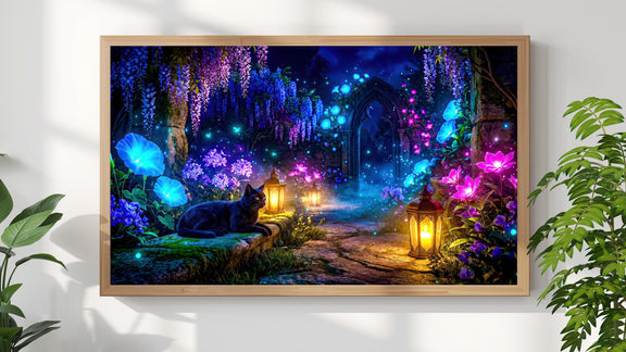 Black Cat Enchanted Garden Frame TV Art | Moonlit Fantasy Lantern Path (Digital Download)
