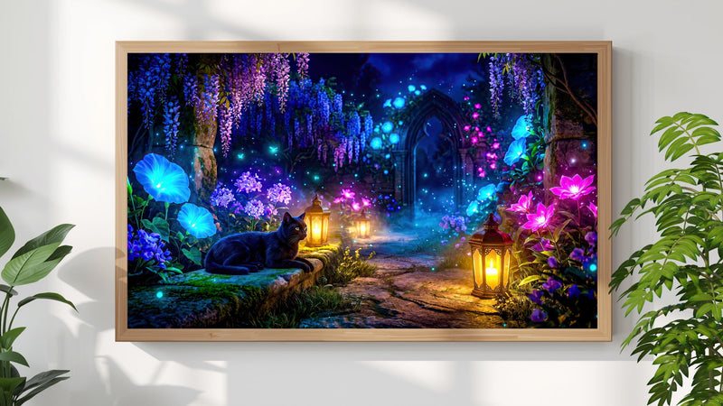 Black Cat Enchanted Garden Frame TV Art | Moonlit Fantasy Lantern Path (Digital Download)