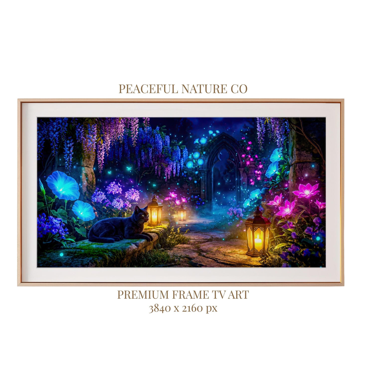 Black Cat Enchanted Garden Frame TV Art | Moonlit Fantasy Lantern Path (Digital Download)