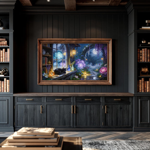 Black Cat Moonlit Garden Art | Fantasy Cottagecore Digital Download (16:9 Aspect Ratio)