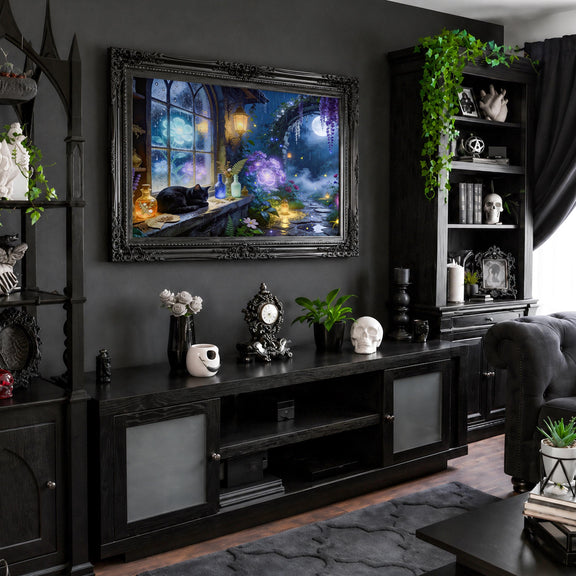Black Cat Moonlit Garden Art | Fantasy Cottagecore Digital Download (16:9 Aspect Ratio)