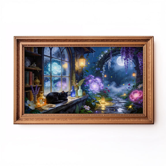 Black Cat Moonlit Garden Art | Fantasy Cottagecore Digital Download (16:9 Aspect Ratio)