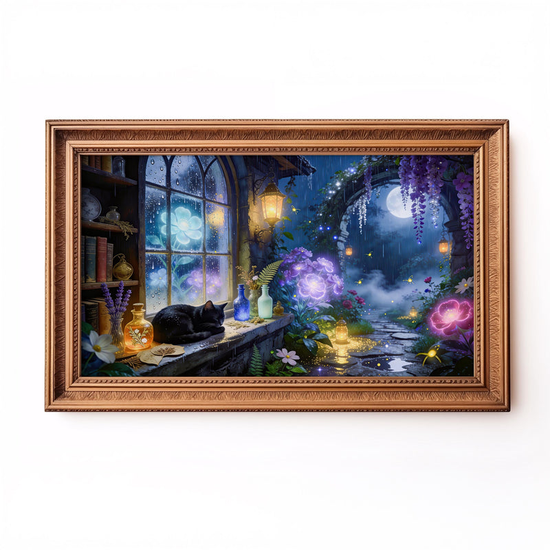 Black Cat Moonlit Garden Art | Fantasy Cottagecore Digital Download (16:9 Aspect Ratio)