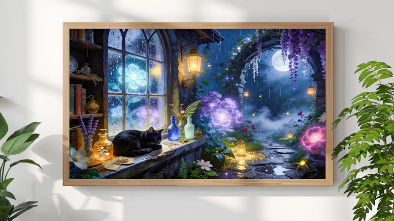 Black Cat Moonlit Garden Art | Fantasy Cottagecore Digital Download (16:9 Aspect Ratio)