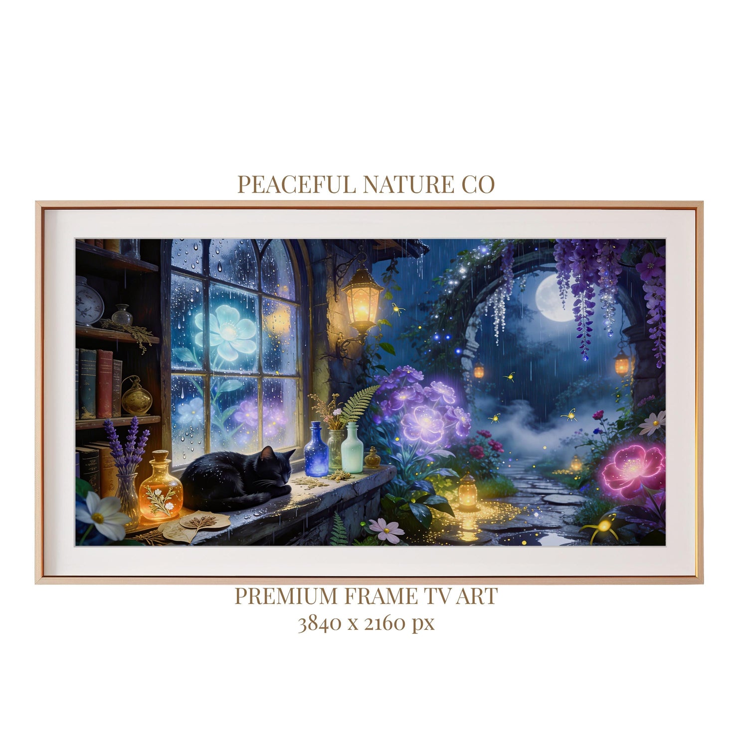 Black Cat Moonlit Garden Art | Fantasy Cottagecore Digital Download (16:9 Aspect Ratio)