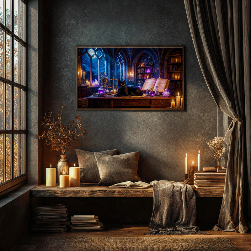 Black Cat Witch Library Frame TV Art | Gothic Fantasy Digital Download (16:9 Aspect Ratio)